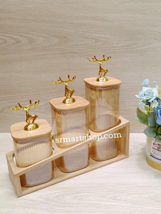 WhatsApp Image 2025-09-29 at 1.11.15 PM 3 Pcs Airtight Glass Cookie Jar / Spice Jar Set Stand 002 - Image 1