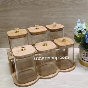 6 Pcs Airtight Glass Cookie Jar / Spice Jar Set Stand 003