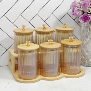 6 Pcs Airtight Glass Cookie Jar / Spice Jar Set Stand 001