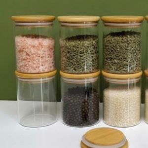 6 Pcs Bamboo Glass Jar Set