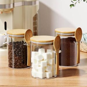 3 Pcs Bamboo Glass Jar Set With Spoon
